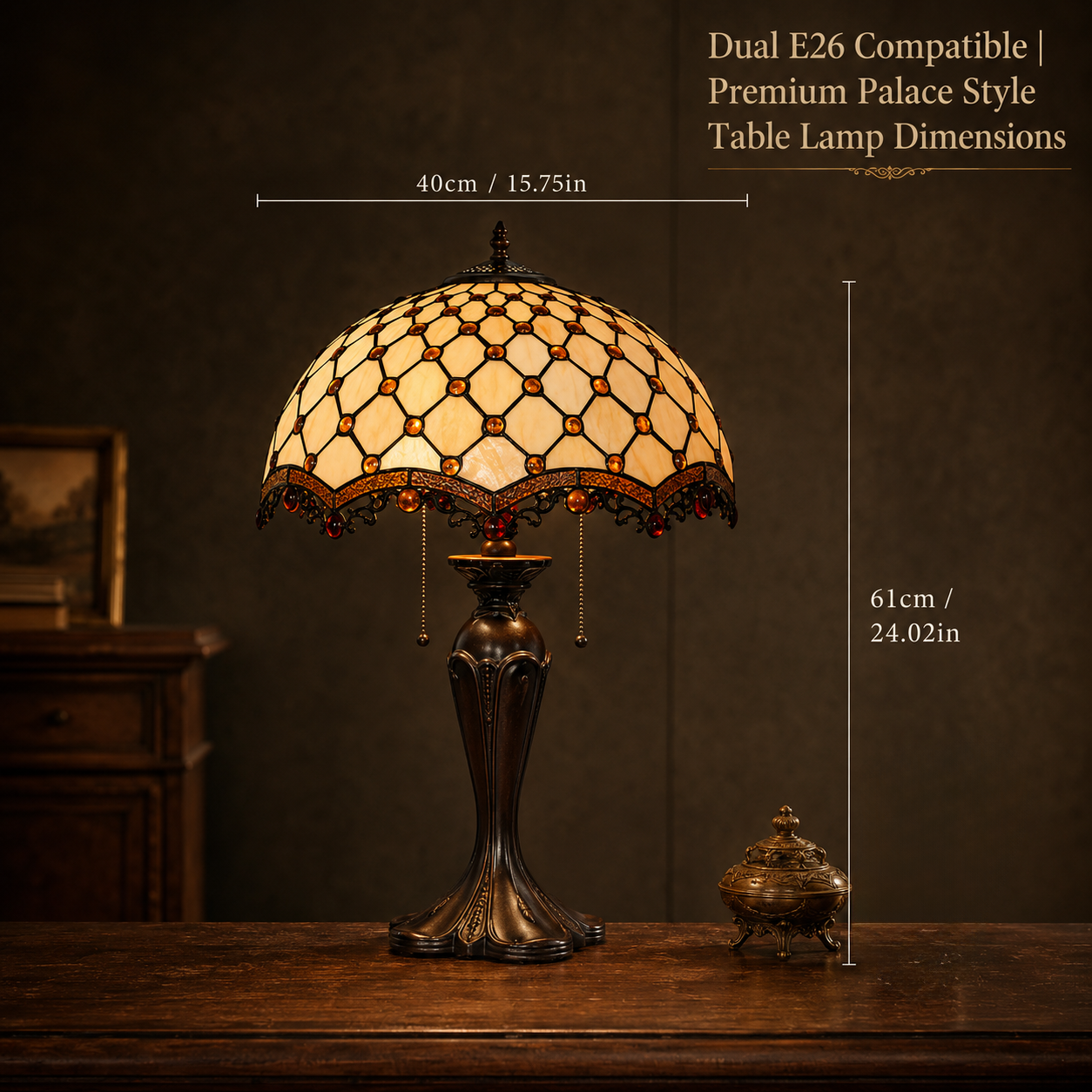 16 inch Tiffany table lamp dimensions showing height and width measurements for home lighting placement