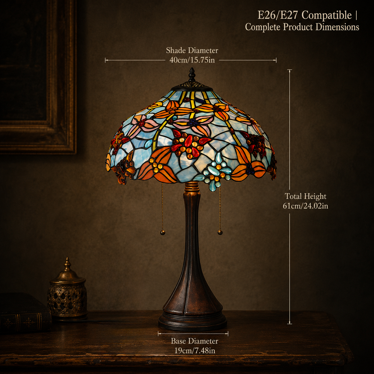 16 inch Tiffany table lamp dimension guide showing shade diameter and total height measurements