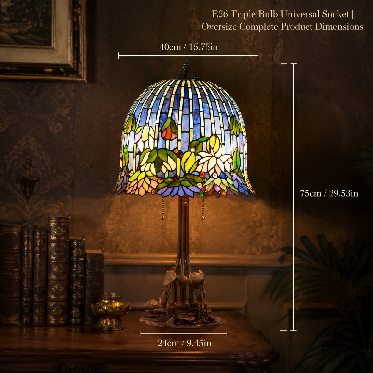 16 inch Tiffany table lamp dimensions showing height and width measurements for bedroom bedside lighting
