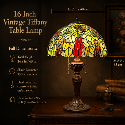 16 inch Tiffany stained glass table lamp dimensions showing shade diameter and total height