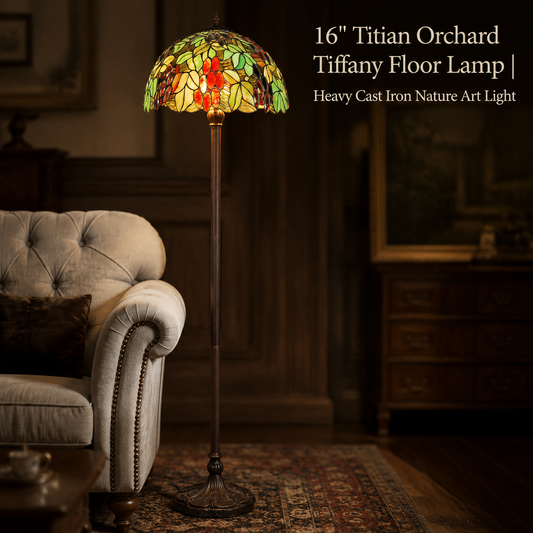 16 inch Titan Orchard Tiffany floor lamp with handmade stained glass shade and vintage cast iron base for elegant home lighting