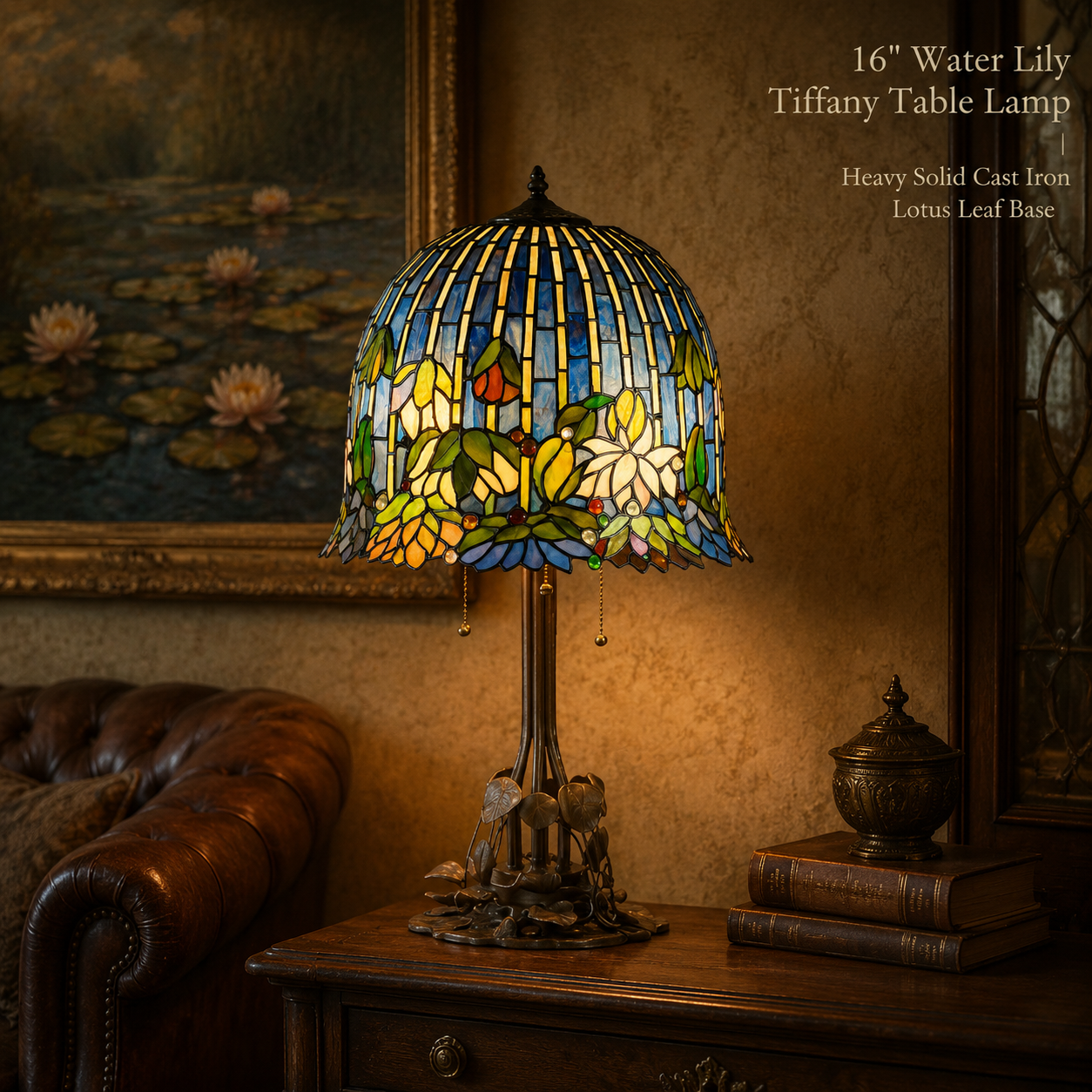 16 inch Water Lily Tiffany table lamp with handmade stained glass shade displayed as vintage bedroom and living room lighting
