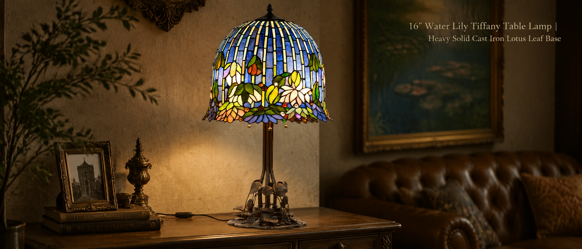 16 inch Water Lily Tiffany table lamp with blue stained glass shade displayed in a vintage interior living space