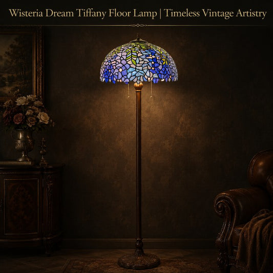 16 inch Wisteria Tiffany floor lamp with handmade stained glass shade in a vintage living room interior