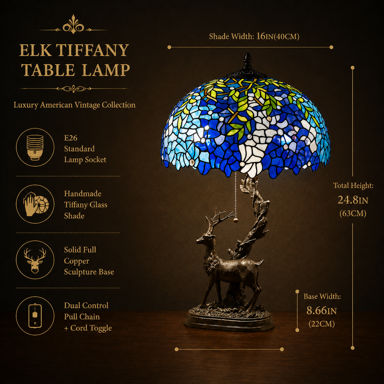16 inch Wisteria Tiffany table lamp with handcrafted stained glass shade and solid copper deer sculpture base for vintage bedroom decor
