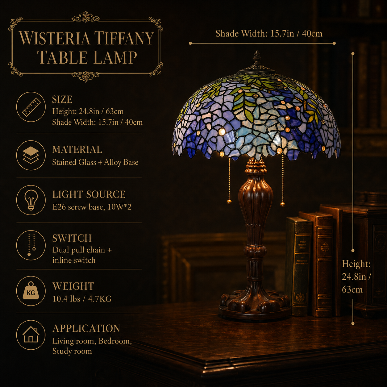 16 inch Wisteria Tiffany table lamp with stained glass shade and antique alloy base showing product dimensions and specifications