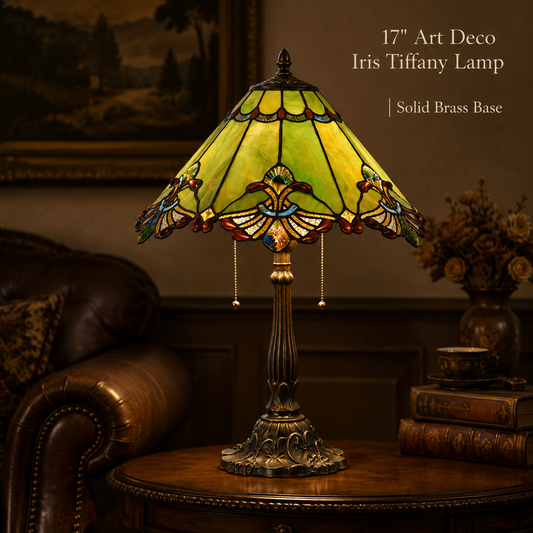 17 inch green Tiffany table lamp with Art Deco iris stained glass shade and elegant brass base