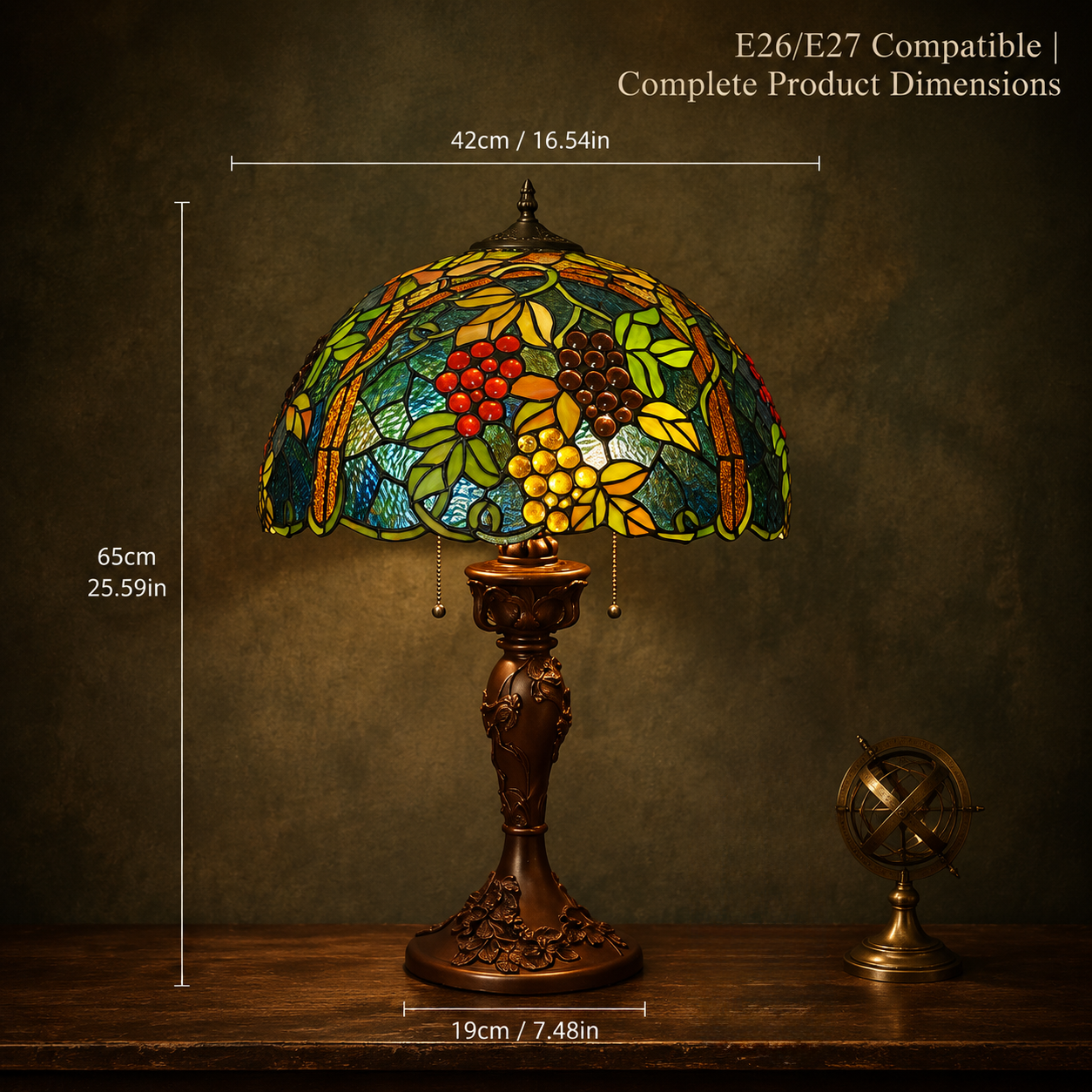 17 inch Tiffany lamp complete dimensions showing height and shade width measurement details