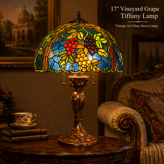 17 inch Vineyard Grape Tiffany table lamp with colorful stained glass shade and vintage alloy base