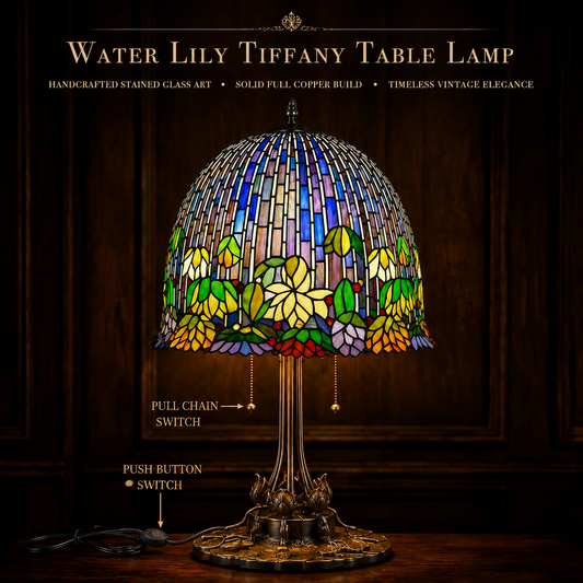 18 inch Water Lily Tiffany table lamp with handcrafted stained glass shade and solid copper base
