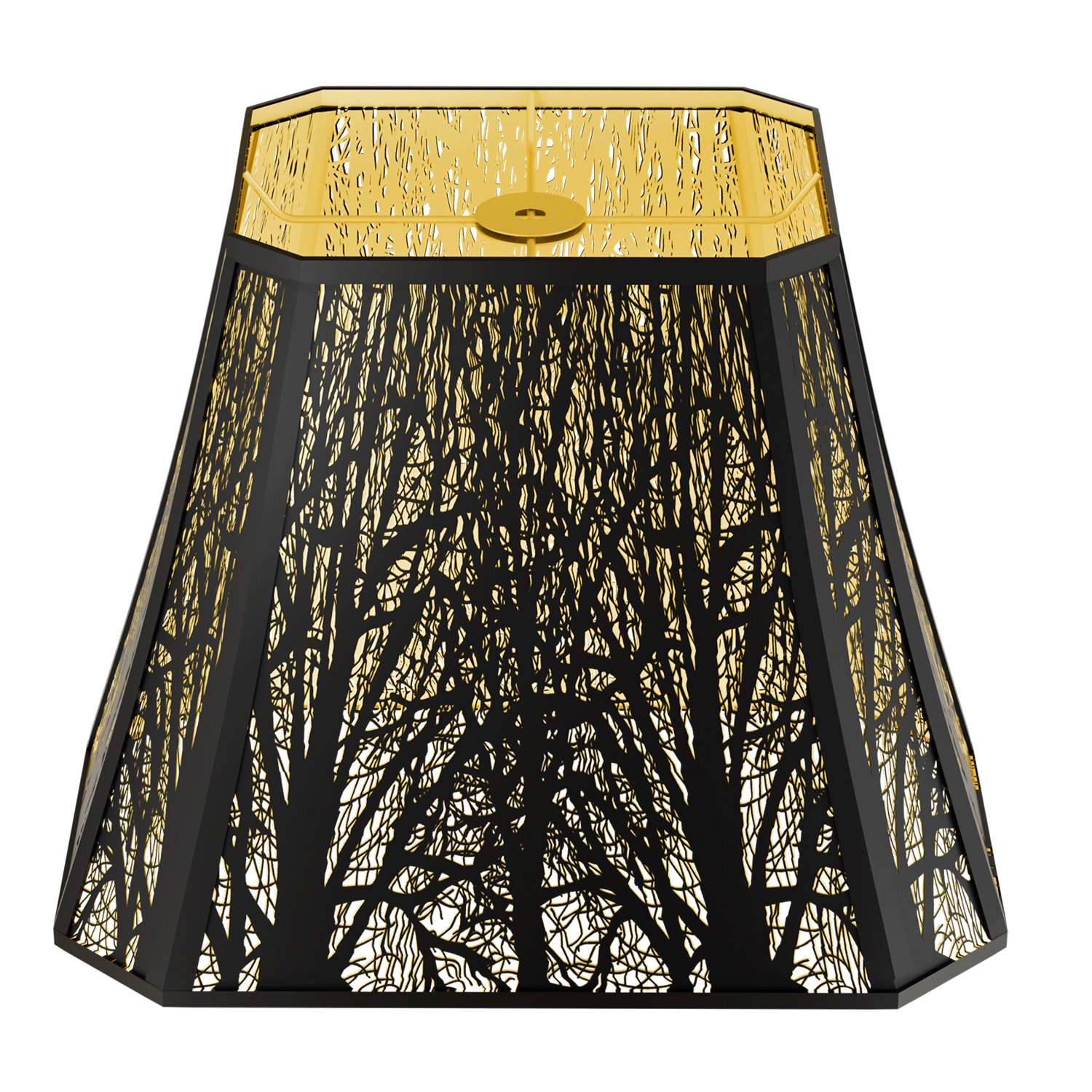 A large rectangle lampshade with a black forest etched pattern on it, with a gold-colored top and bottom.