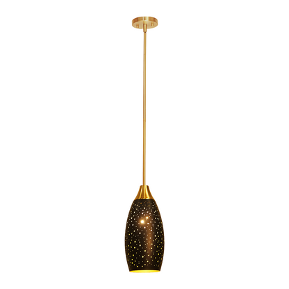 Industrial Gold Teardrop Pendant Light | Starry Hollow-Out Etched Metal Shade | Gold Black | Height Adjustable | E26 Max 60W | Kitchen Bar Café Hanging Lamp