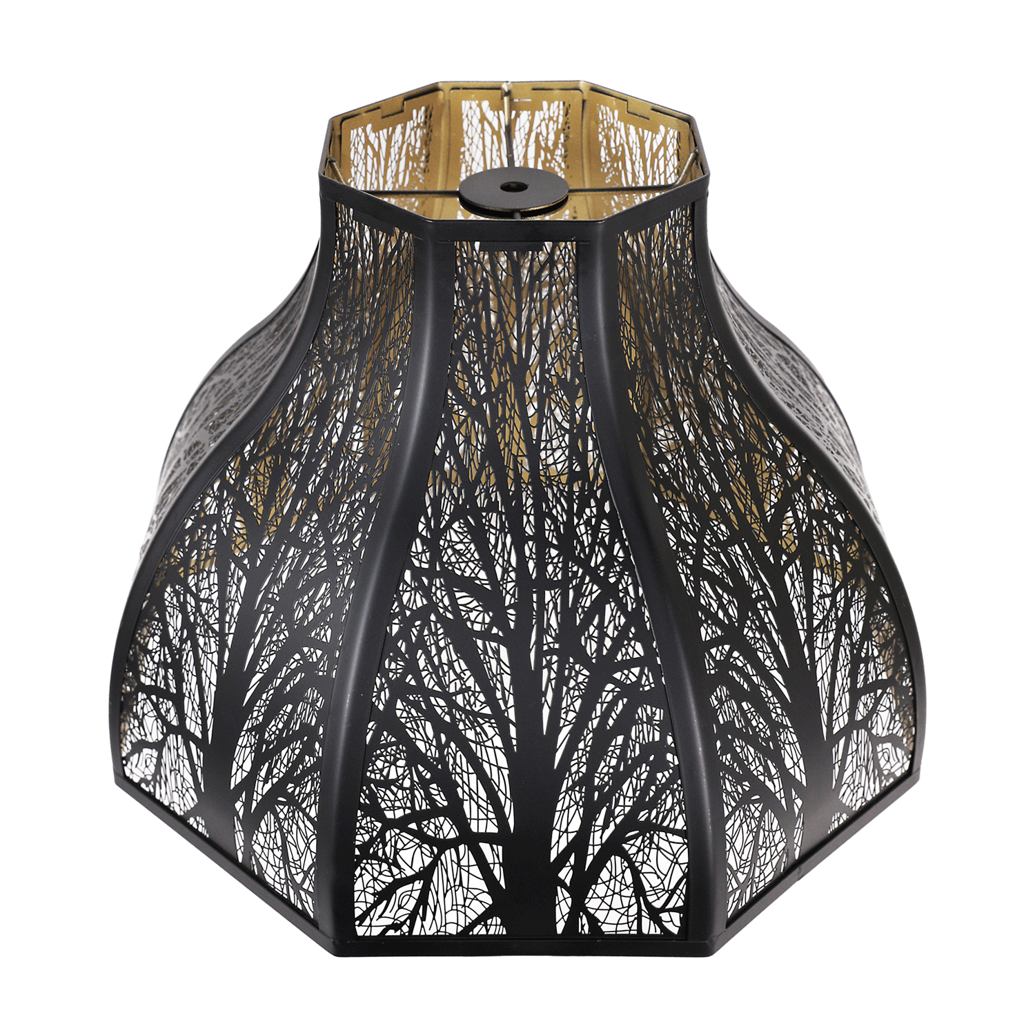 A metal lampshade with an 8-petal design featuring a hand-etched forest pattern.