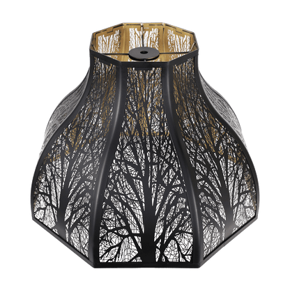 A metal lampshade with an 8-petal design featuring a hand-etched forest pattern.
