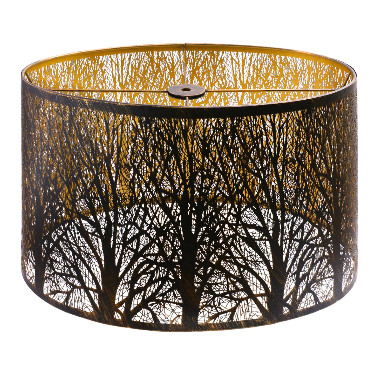 Weathered bronze oval metal lamp shade with gold etching, featuring a botanical pattern.