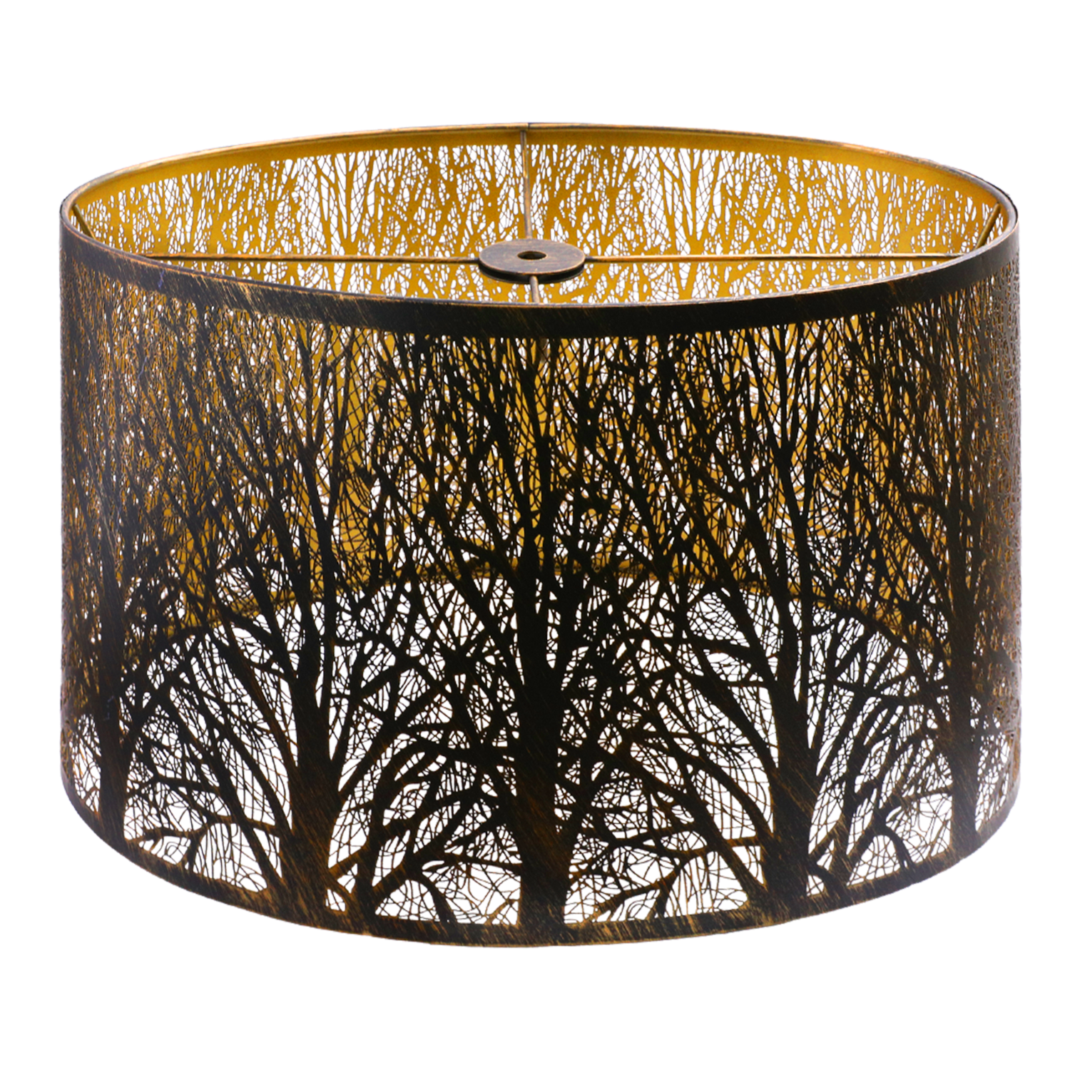 Weathered bronze oval metal lamp shade with gold etching, featuring a botanical pattern.