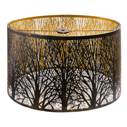 Weathered bronze oval metal lamp shade with gold etching, featuring a botanical pattern.