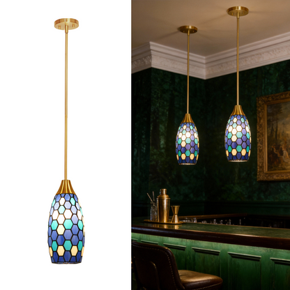 Blue Green Tiffany-Style Teardrop Pendant Light | Honeycomb Mosaic Metal Shade | Gold Base | E26 Max 60W | Boho Mediterranean Bedroom Lamp