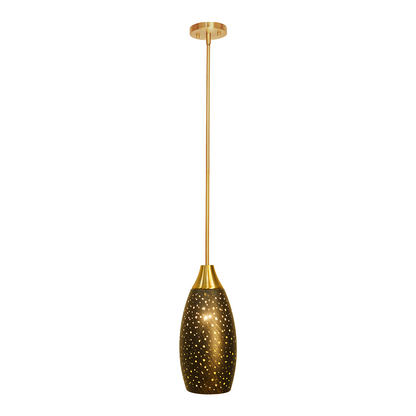 Starry Night Teardrop Pendant Light | Hollow-Out Dot Etched Metal Shade | Gold Bronze | Adjustable Height | E26 | Boho Bedroom Accent Lamp