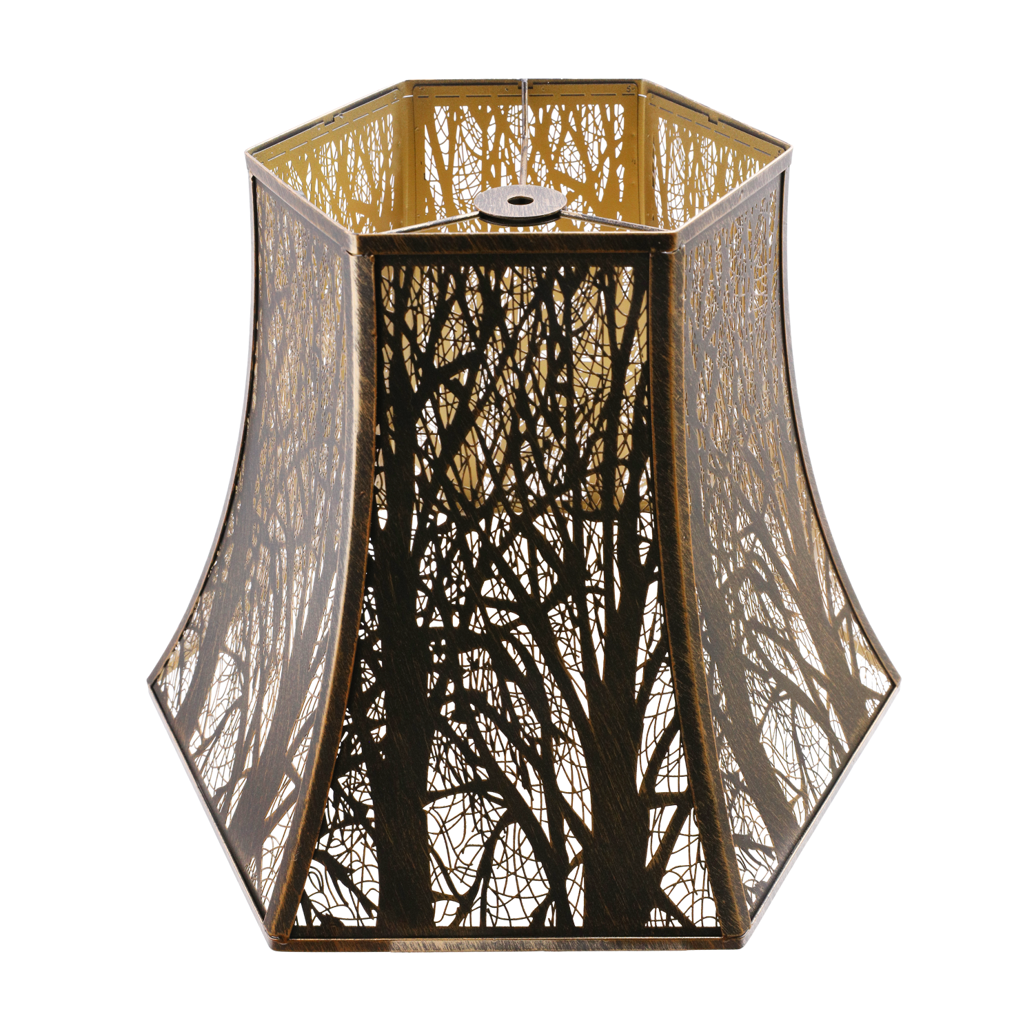An octagon-shaped metal lamp shade with a bronze exterior and gold lining, featuring a woodland motif.