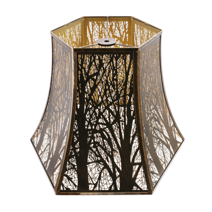 An octagon-shaped metal lamp shade with a bronze exterior and gold lining, featuring a woodland motif.
