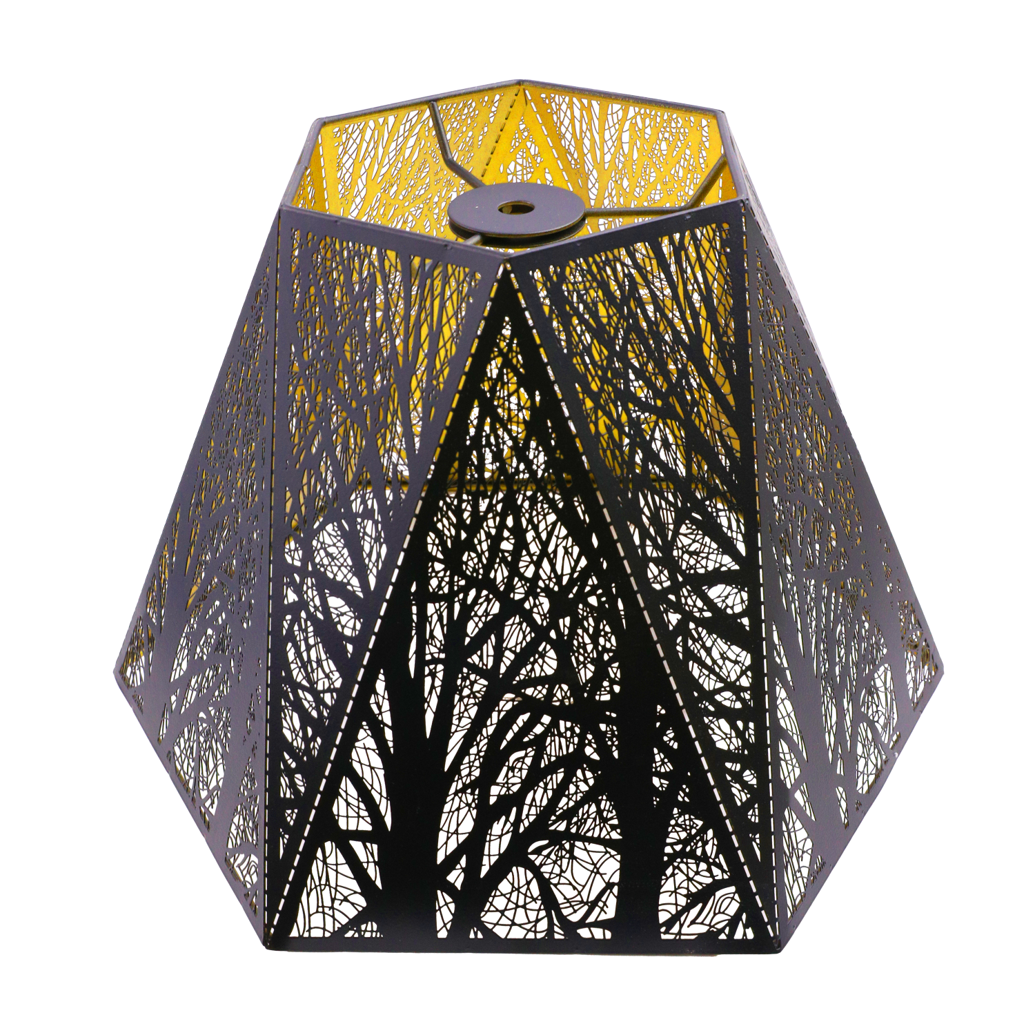 A vintage hexagon lamp shade with black exterior and gold interior etching, designed for warm ambient lighting.