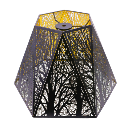 A vintage hexagon lamp shade with black exterior and gold interior etching, designed for warm ambient lighting.
