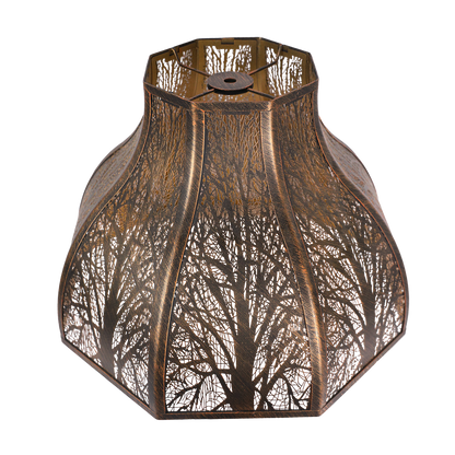 Etched metal lamp shade with a grand 8-petal lotus design, featuring an antique bronze finish with a gold interior.