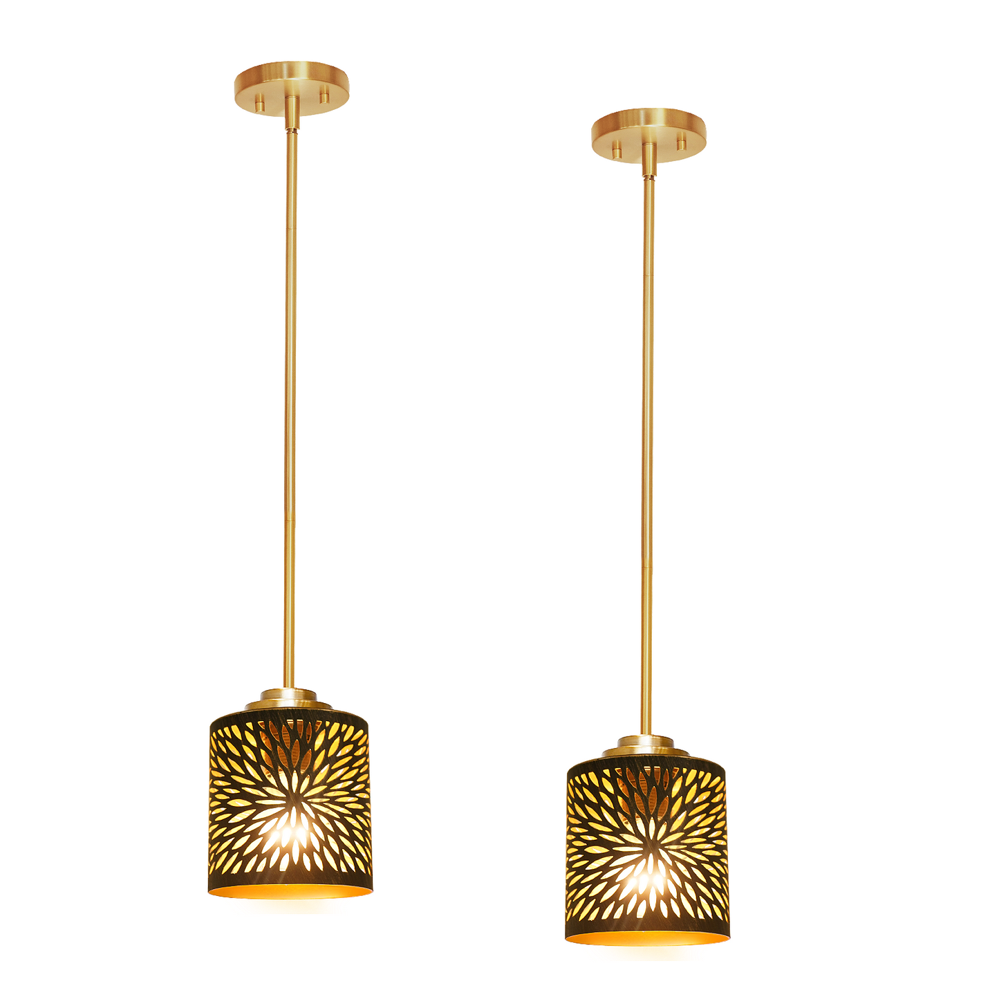 Sunburst Drum Pendant Light | Firework Hollow-Out Etched Metal Shade | Gold Bronze | Adjustable Height | E26 Max 60W | Boho Art Deco Ceiling Lamp Description