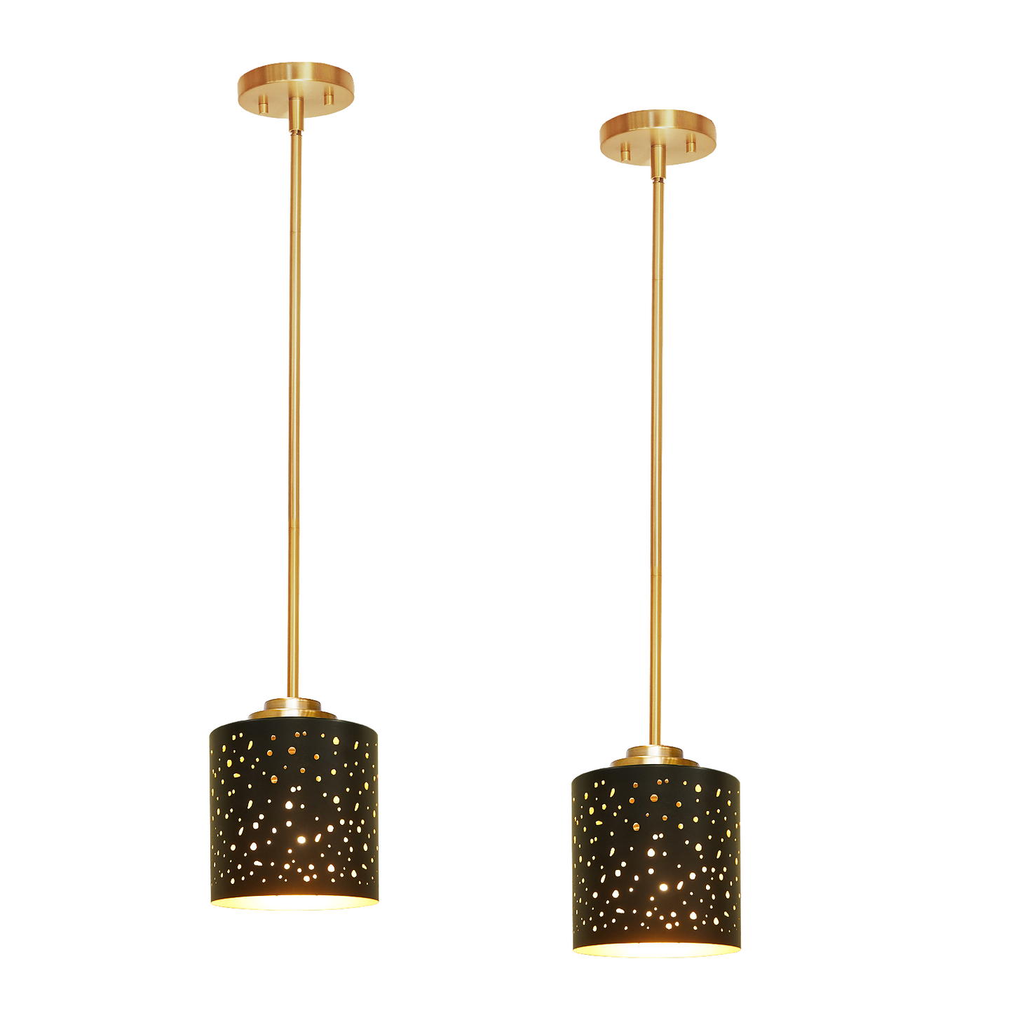Industrial Black Gold Cylinder Pendant Light | Star Hollow-Out Metal Drum Shade | Height Adjustable | E26 | Kitchen Island Bar Lamp