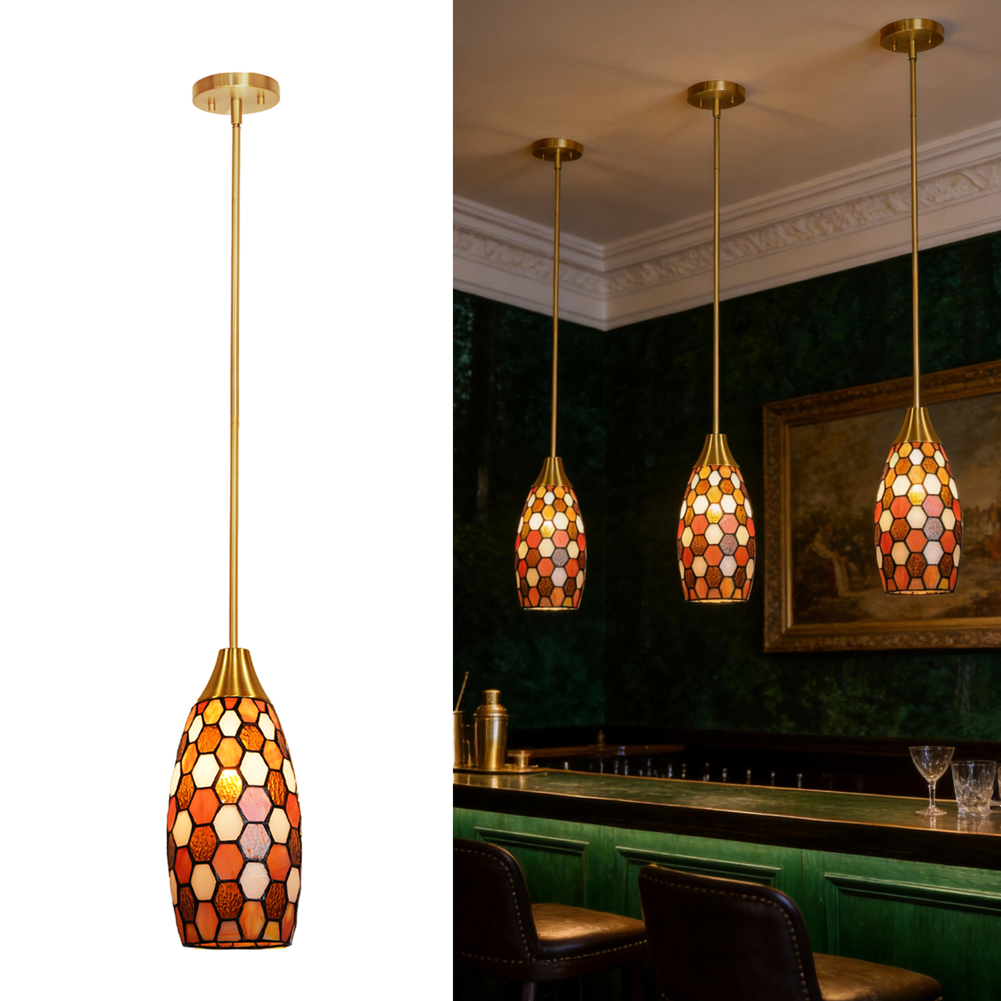 Amber Red Tiffany-Style Teardrop Pendant Light | Honeycomb Mosaic Metal Shade | Gold Base | E26 Max 60W | Vintage Warm Dining Room Lamp