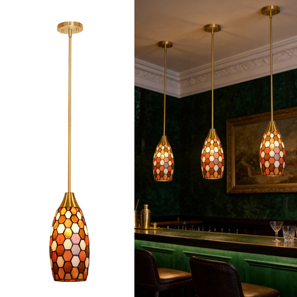 Amber Red Tiffany-Style Teardrop Pendant Light | Honeycomb Mosaic Metal Shade | Gold Base | E26 Max 60W | Vintage Warm Dining Room Lamp