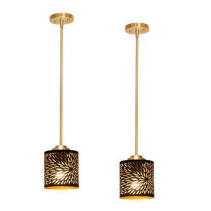 Bronze Gold Hollow-Out Sunburst Etched Metal Drum Shade | Adjustable Rod | E26 Max 60W | Modern Boho Kitchen Dining Lamp