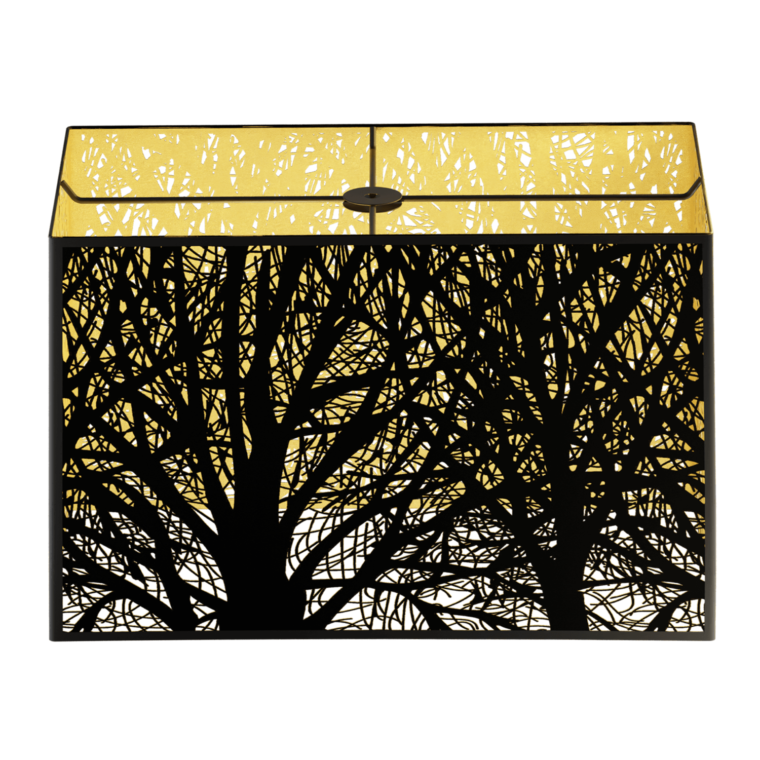 A rectangular metal lampshade with a black silhouette of tree branches against a gold background.
