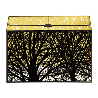A rectangular metal lampshade with a black silhouette of tree branches against a gold background.