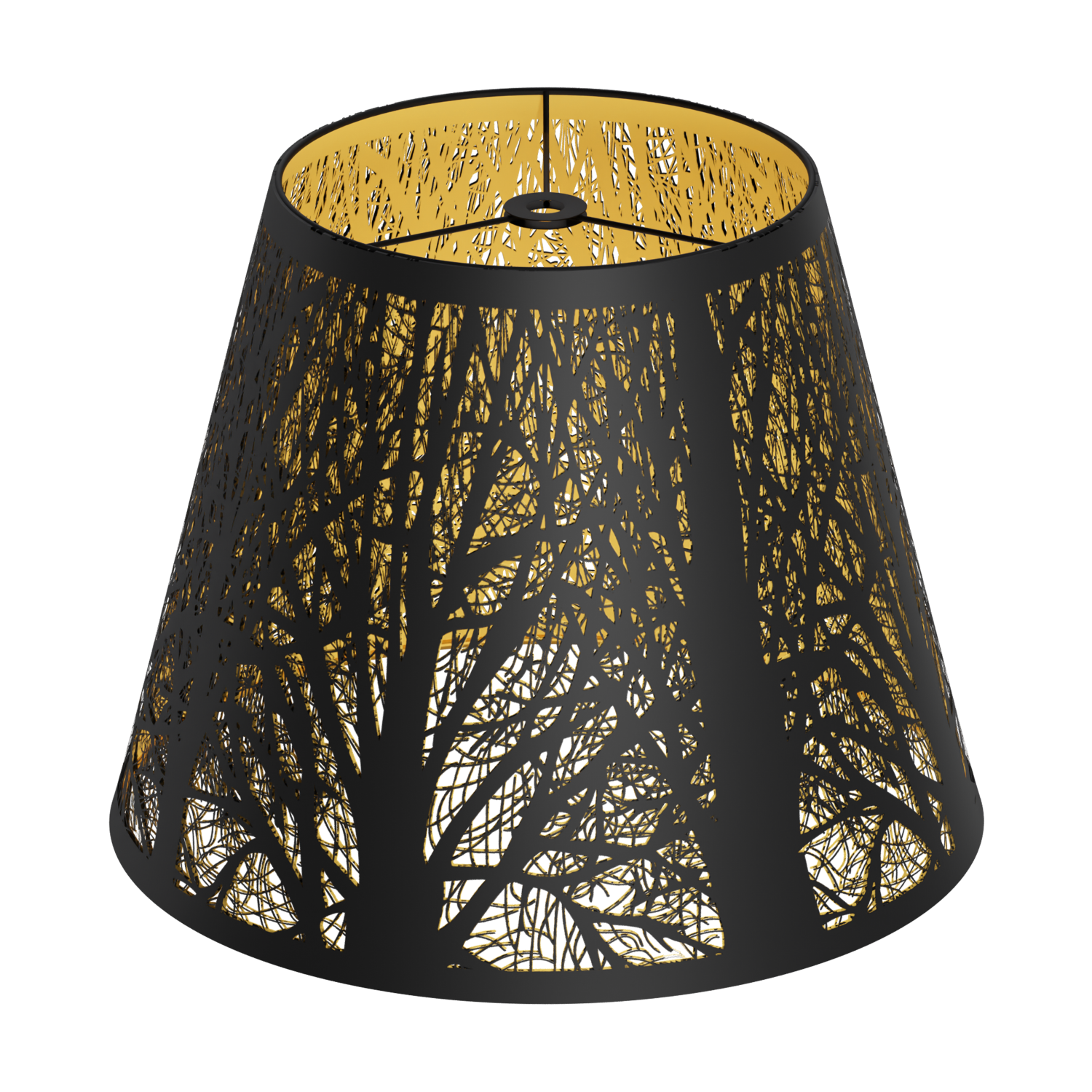 A small metal lampshade with a hand-etched forest design, featuring a black exterior and gold interior.