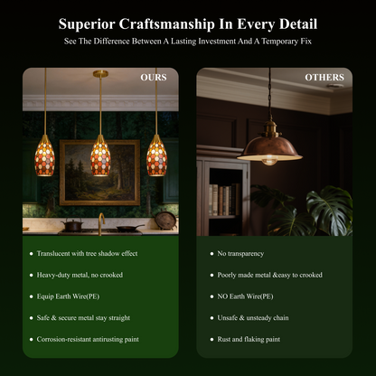 Amber Red Tiffany-Style Teardrop Pendant Light | Honeycomb Mosaic Metal Shade | Gold Base | E26 Max 60W | Vintage Warm Dining Room Lamp