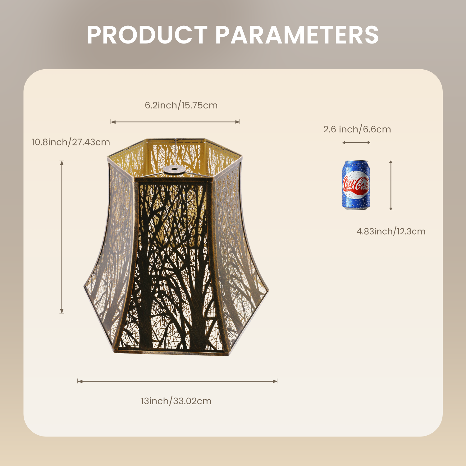 Hexagonal lantern with dimensions and a can of soda for scale.