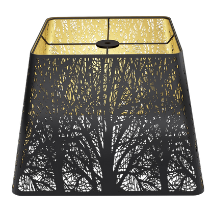 A square metal lamp shade with a black matte exterior and warm gold interior, featuring a woodland texture design.