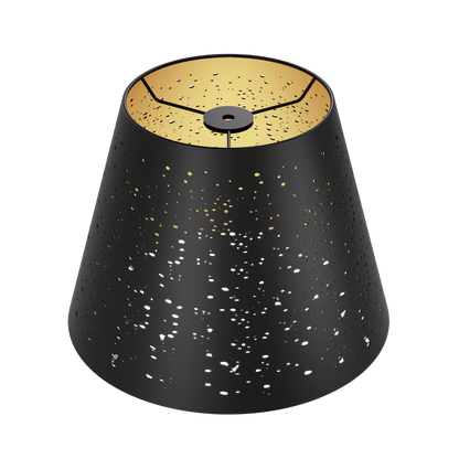 A black etched lampshade with gold stars pattern, designed for table lamps.