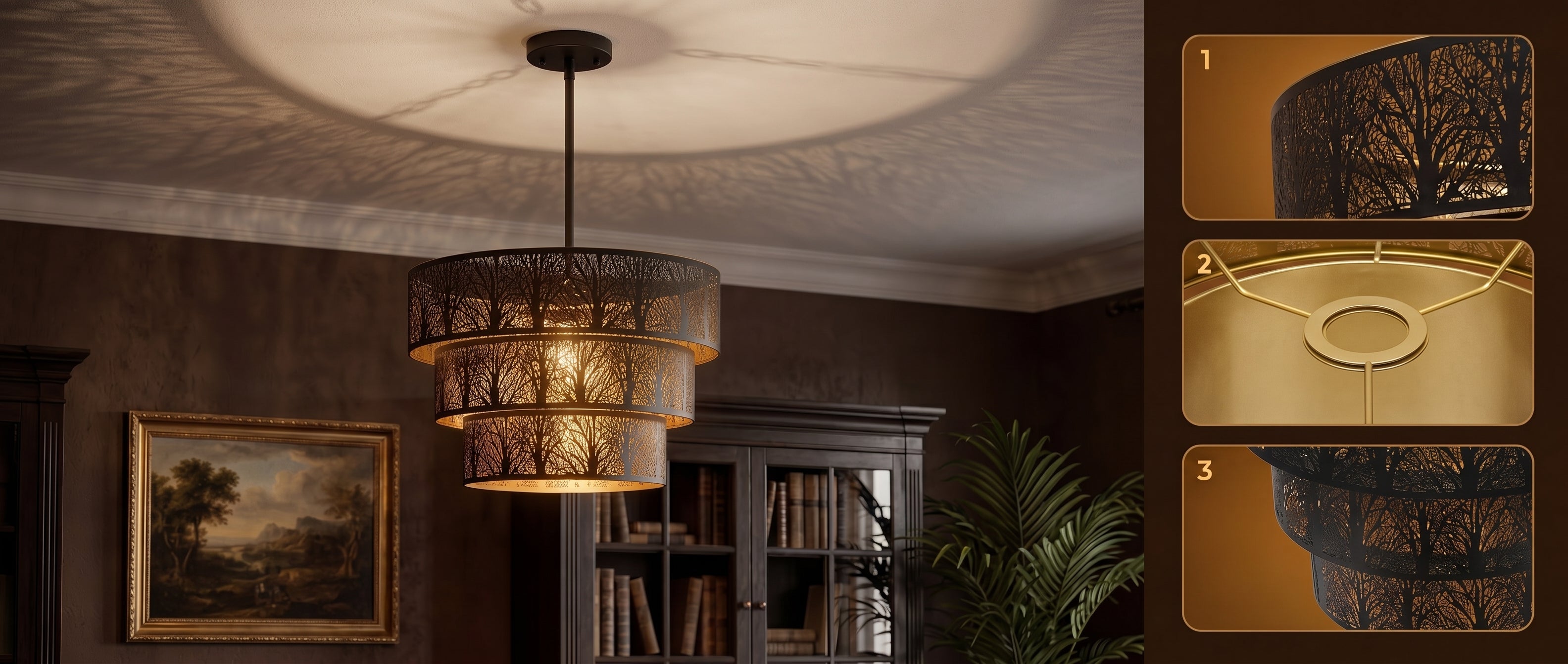 3-Tier Cake Drum Lamp Shade 13.2"x10" with 1.63" Fitter, Black and Gold Laser-Cut Tree Pattern, Close-up Detail View of Metal Shade for Chandelier Pendant Light, Decorative Replacement Lamp Shade for Ambient Lighting