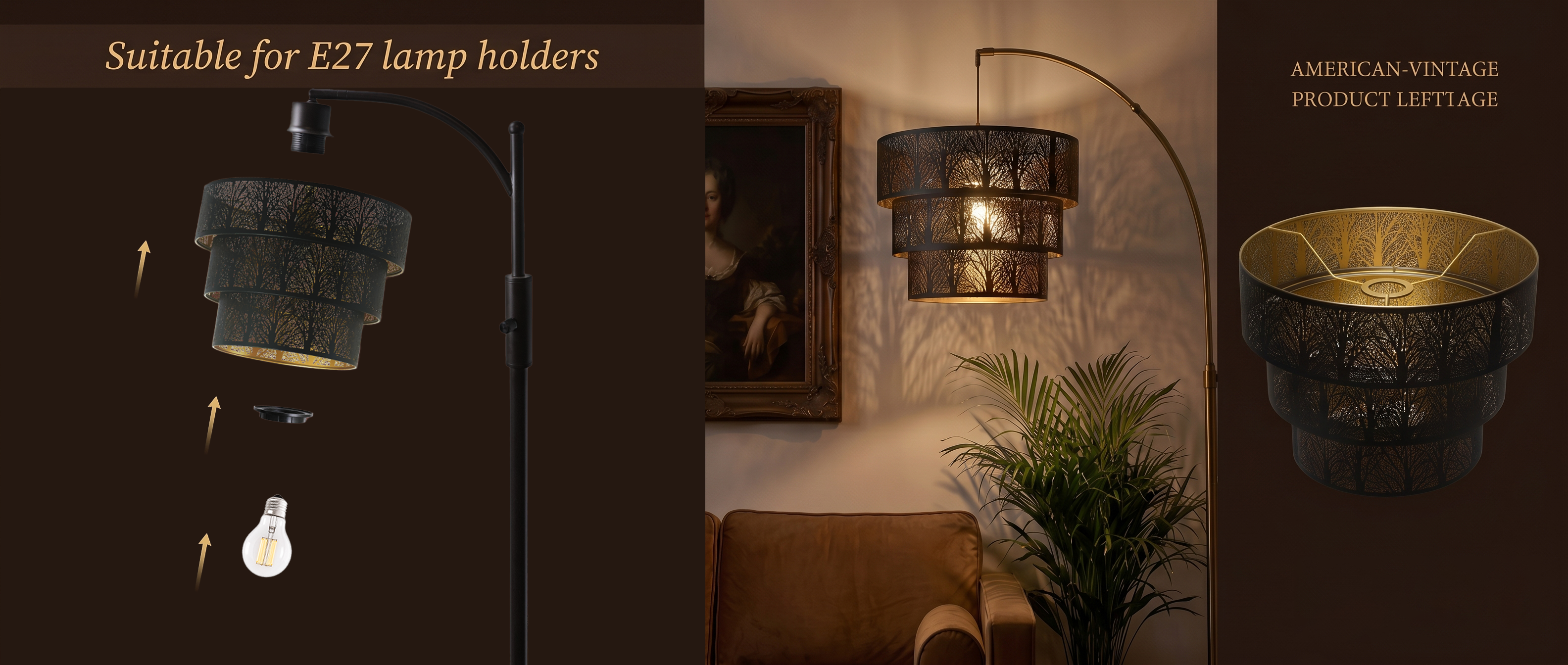 3-Tier Drum Lamp Shade Suitable for E27 Lamp Holders, Black & Gold Laser-Cut Tree Design, 13.2"x10" Replacement Shade with 1.63" Fitter, American Vintage Decorative Metal Shade for Arc Floor Lamps and Pendant Lights, Warm Ambient Lighting