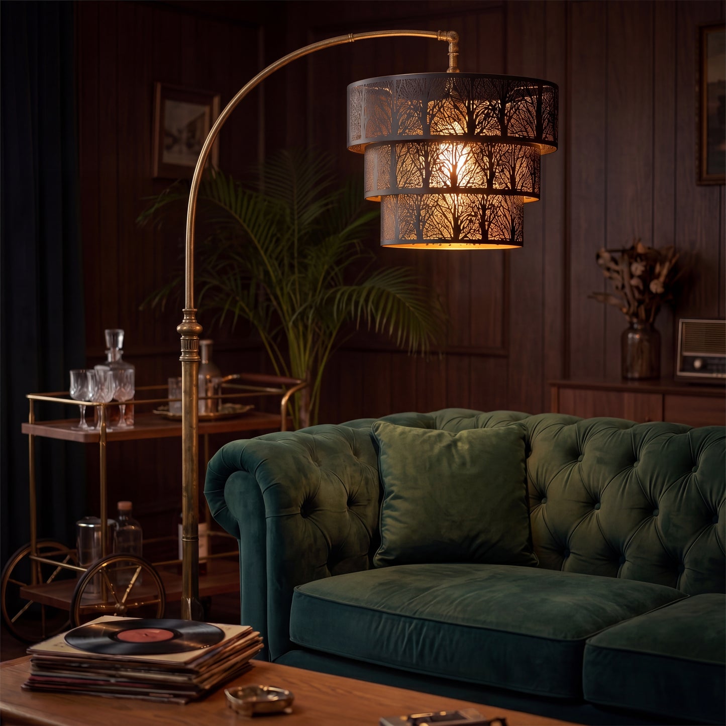 3-Tier Drum Metal Lamp Shade with Etched Tree Design, Black Exterior Gold Interior, 13.2"x10" Replacement Shade for Floor Lamps, 1.63" Fitter, Warm Ambient Lighting for Living Room