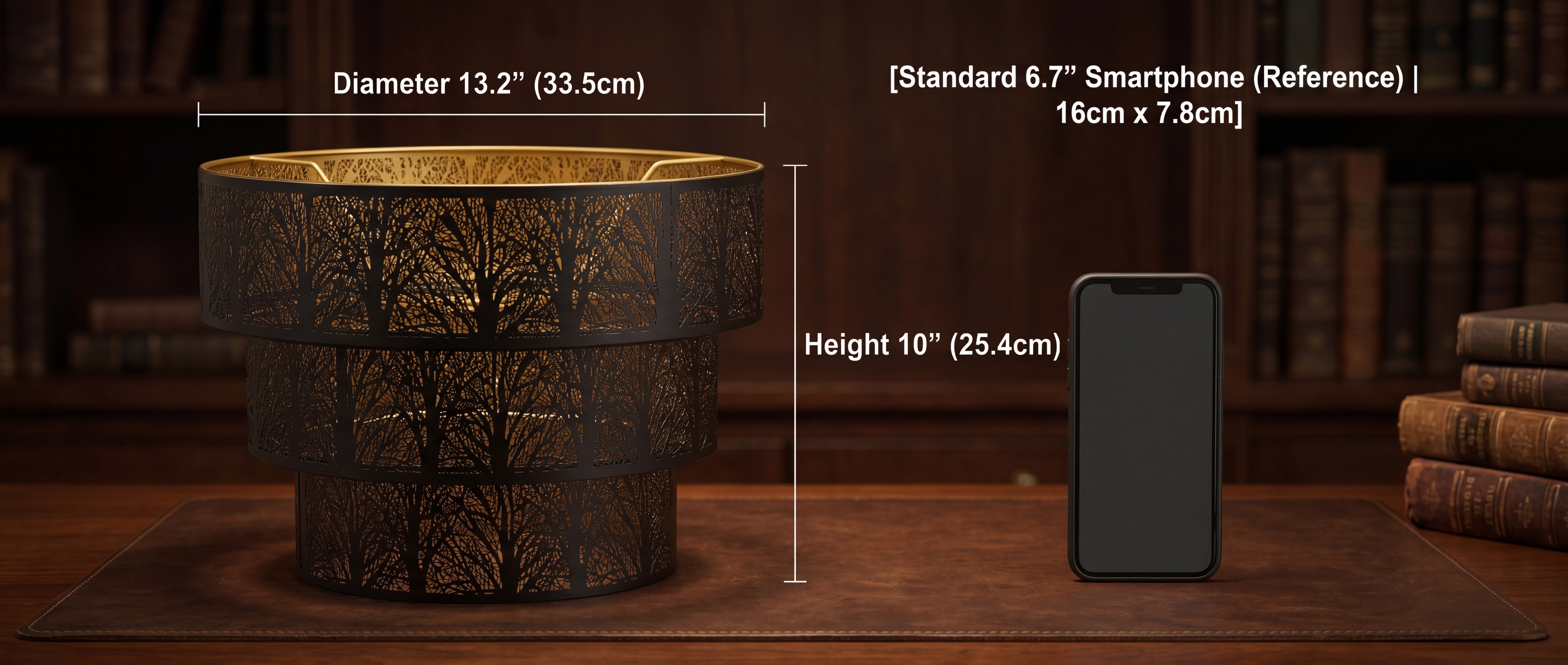 3-Tier Cake Drum Lamp Shade Size Reference - 13.2 Inches Diameter (33.5cm) x 10 Inches Height (25.4cm), Compared to Standard 6.7" Smartphone (16cm x 7.8cm), Black and Gold Laser-Cut Tree Pattern Metal Shade with 1.63" Fitter, Please Confirm Size Before Purchasing