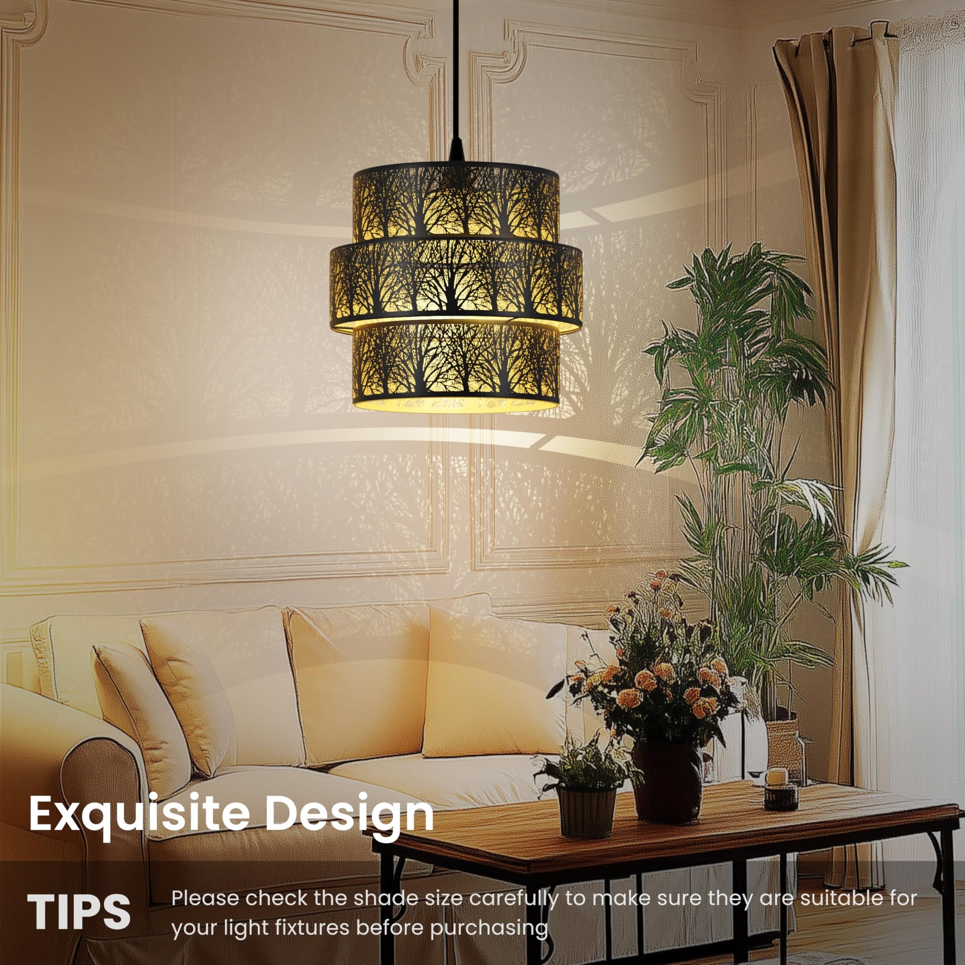 3 tier drum metal lampshade showing layered cylindrical structure with forest etched surface and warm vintage lighting design