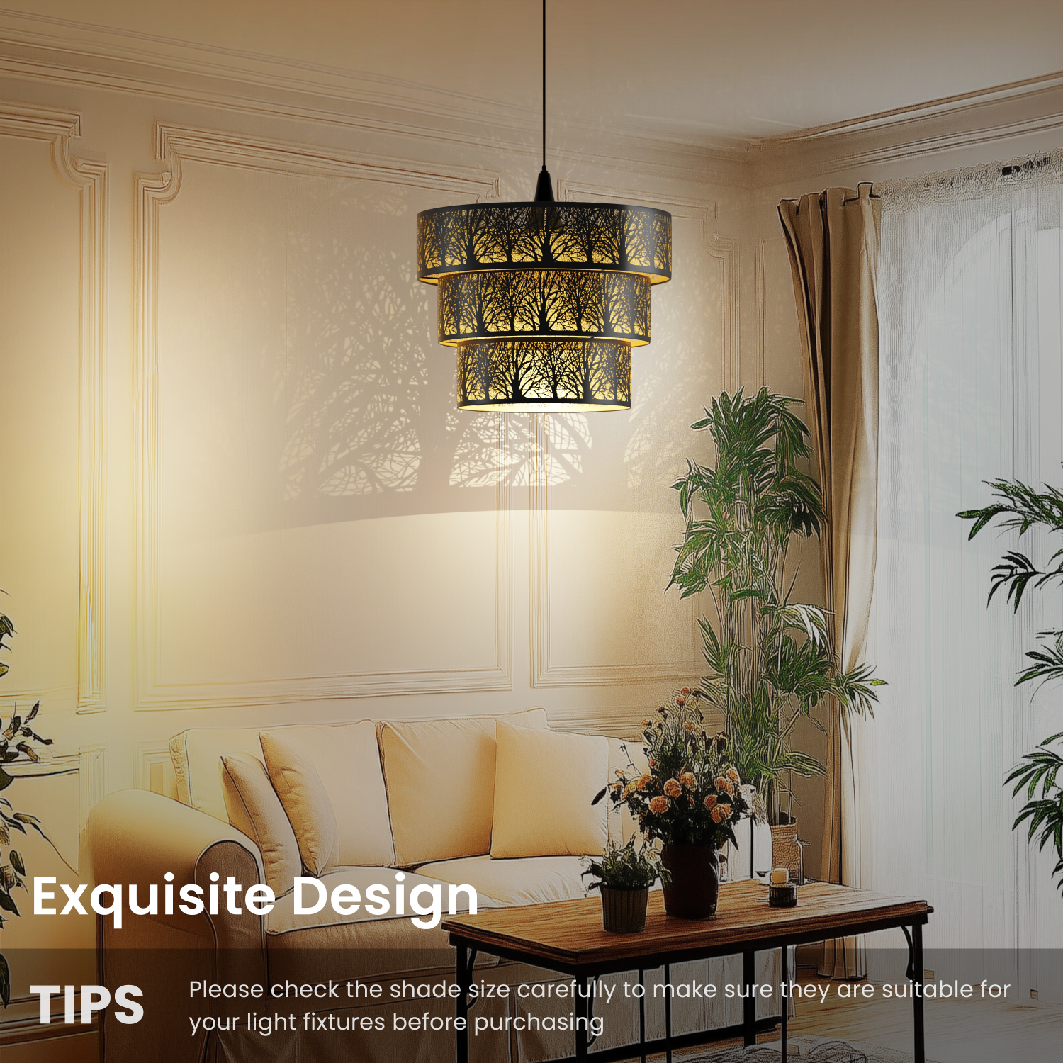 3-tier drum lamp shade angled view showing layered structure with black and gold vintage lighting design