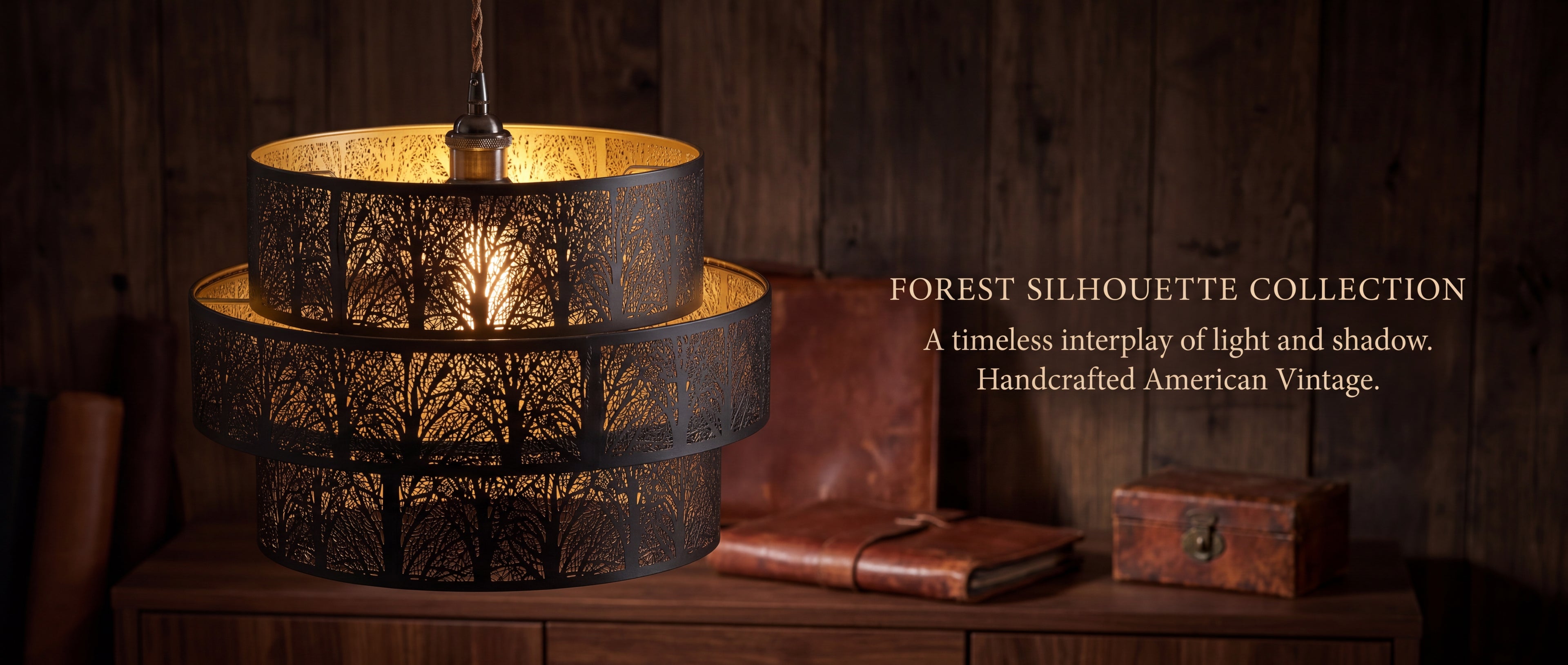 3-Tier Drum Metal Lampshade - Forest Silhouette Collection, A Timeless Interplay of Light and Shadow, Handcrafted American Vintage Pendant Chandelier Lamp Shade, Black and Gold Forest Etching Design, 11.8x9 inches, Replacement Shade for Hanging Lights and Ceiling Fixtures