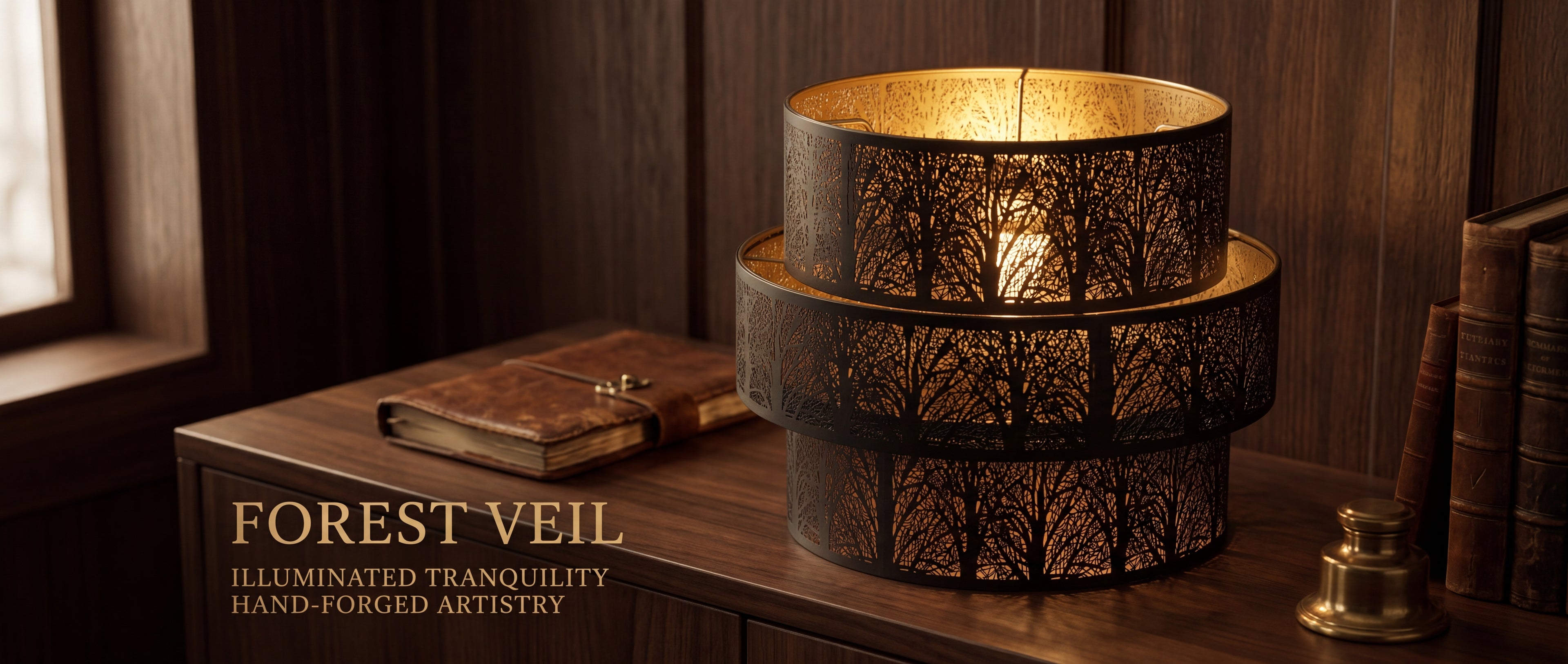 3-Tier Drum Metal Lampshade - Forest Veil Illuminated Tranquility, Hand-Forged Artistry with Intricate Forest Etching, Black and Gold Finish, 11.8x9 inches, Creates Warm Ambient Glow, Replacement Lamp Shade for Chandeliers and Pendant Lights