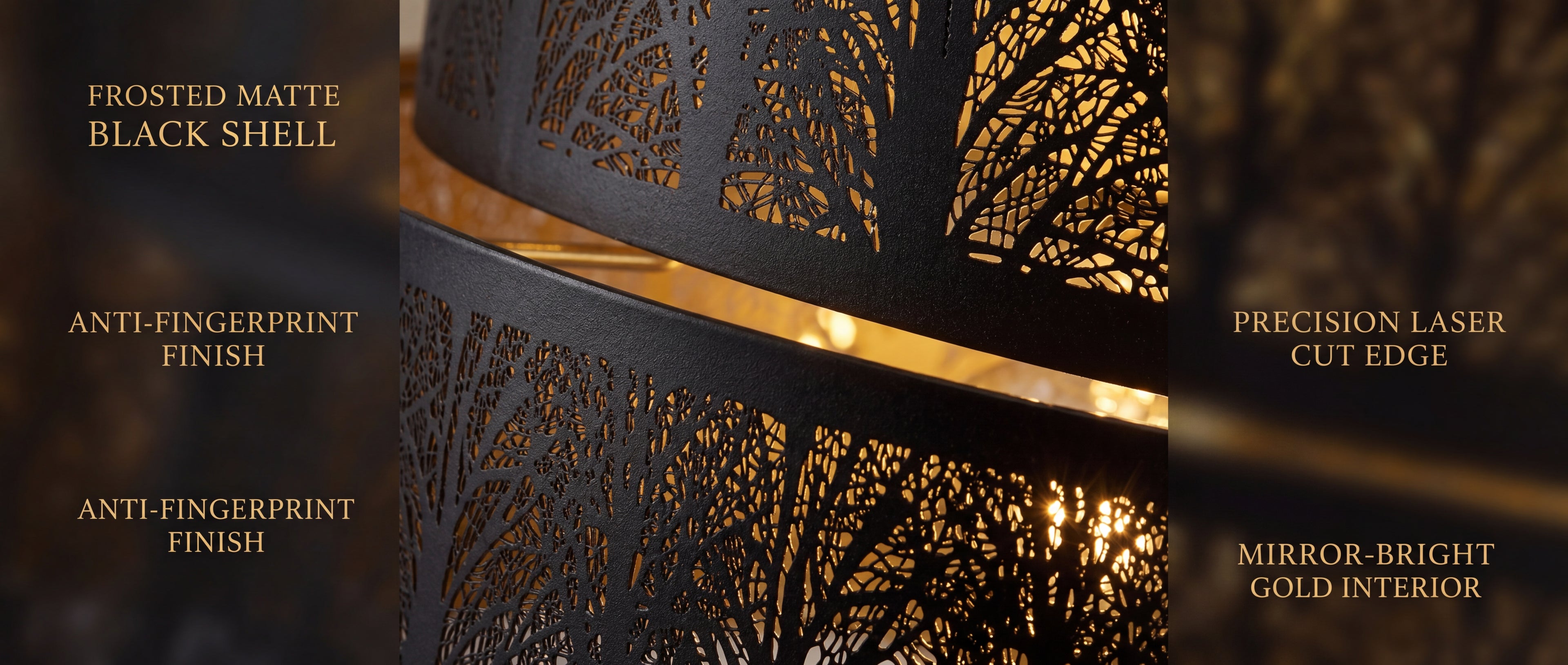 3-Tier Drum Metal Lampshade - Material Craftsmanship Details: Frosted Matte Black Shell with Anti-Fingerprint Finish, Precision Laser Cut Edge, Mirror-Bright Gold Interior, Intricate Forest Tree Hollow-Out Pattern, 11.8x9 inches, Premium Metal Construction