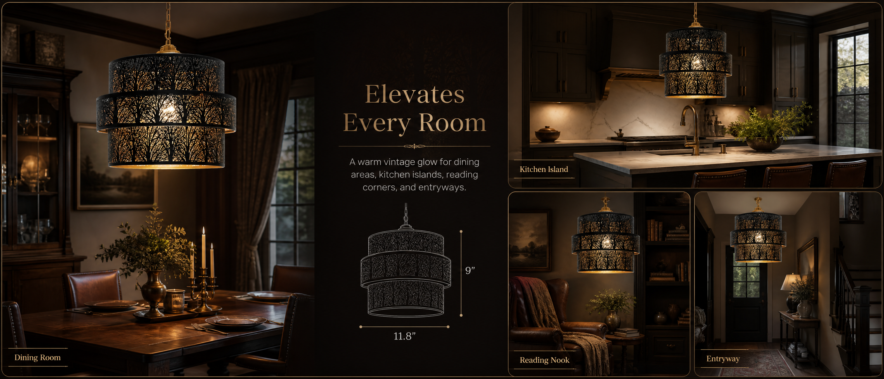 3-Tier Drum Metal Lampshade - Elevates Every Room: A Warm Vintage Glow for Dining Areas, Kitchen Islands, Reading Corners, and Entryways, 11.8x9 inches, 3-Tier Black Gold Metal Drum Lamp Shade, Replacement Shade for Chandeliers Pendant Lights and Ceiling Fixtures, Perfect for Vintage Industrial and Modern Interiors